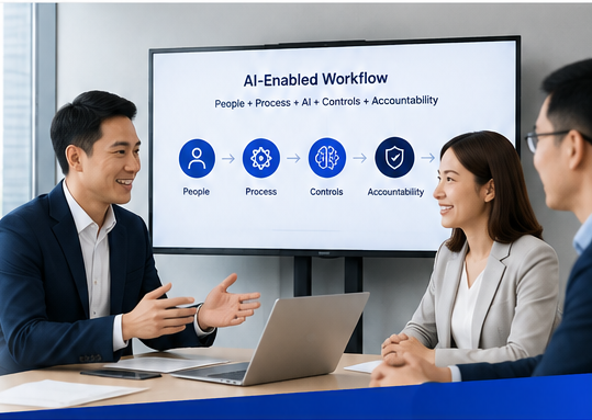 Business team discussing an AI-enabled workflow